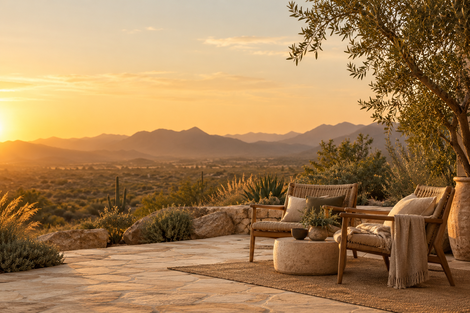 Two chairs facing one another on a desert patio at sunset